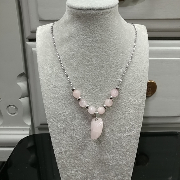 Rose Quartz Necklace Natural Gemstone Crystal Pendant Stainless-Steel Chain - Picture 11 of 16